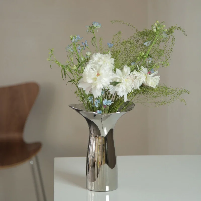Silver Ceramic Vase Abstract Geometry Floral Arrangement Accessories Flower Vase Terrarium Home Decoration Accessories