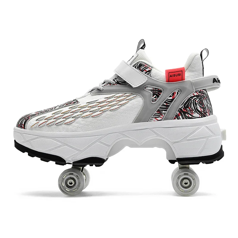 Air Breathable Kids & Adults Sneakers Four Wheels Retractable Flying Shoes Girls & Boys Child Deformed Roller Skates Size 33-43