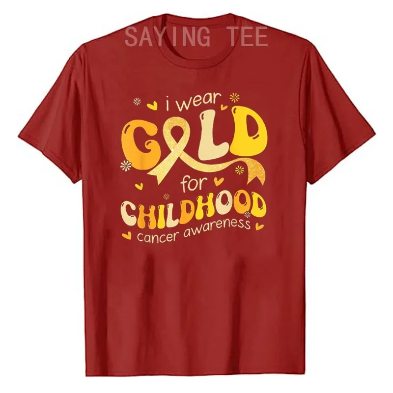 I Wear Gold Childhood Cancer Awareness Support Retro Groovy T-Shirt Flower Print Graphic Tee Tops Short Sleeve Blouses Gifts