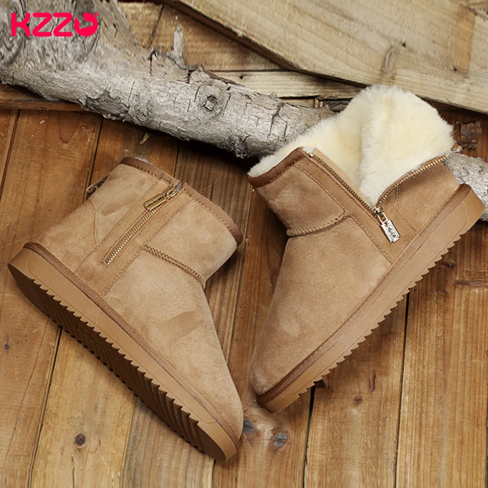 KZZO Australia Classic Waterproof Real Sheepskin Leather Snow Boots With Zipper Men Winter Natural Wool Lined Ankle Warm Shoes