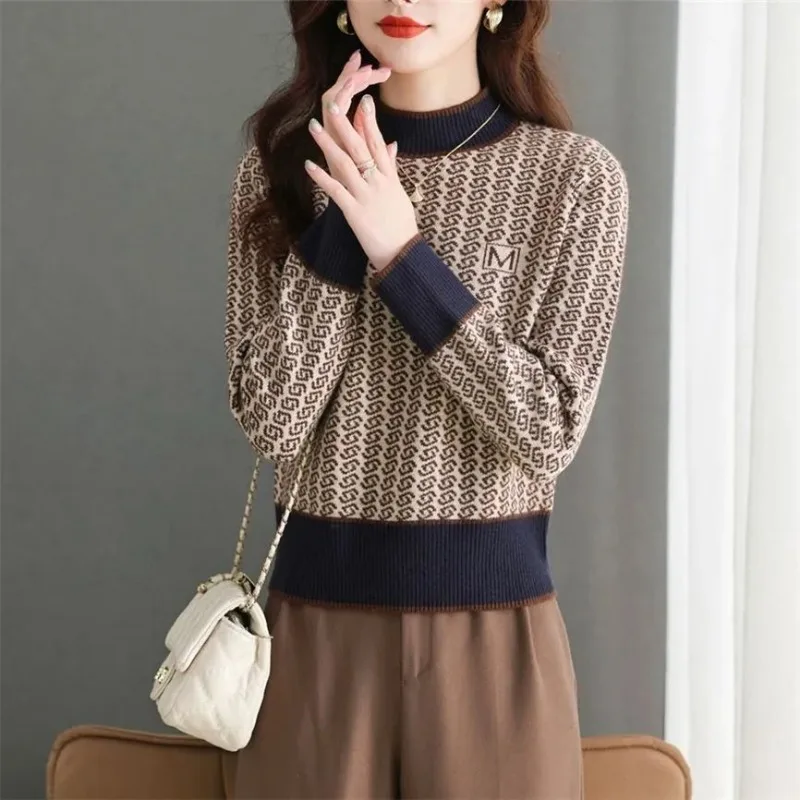 Autumn and Winter Women\'s Contrast Color Half High Collar Long Sleeve Short Sweaters Jumpers Vintage Fashion Casual Tops