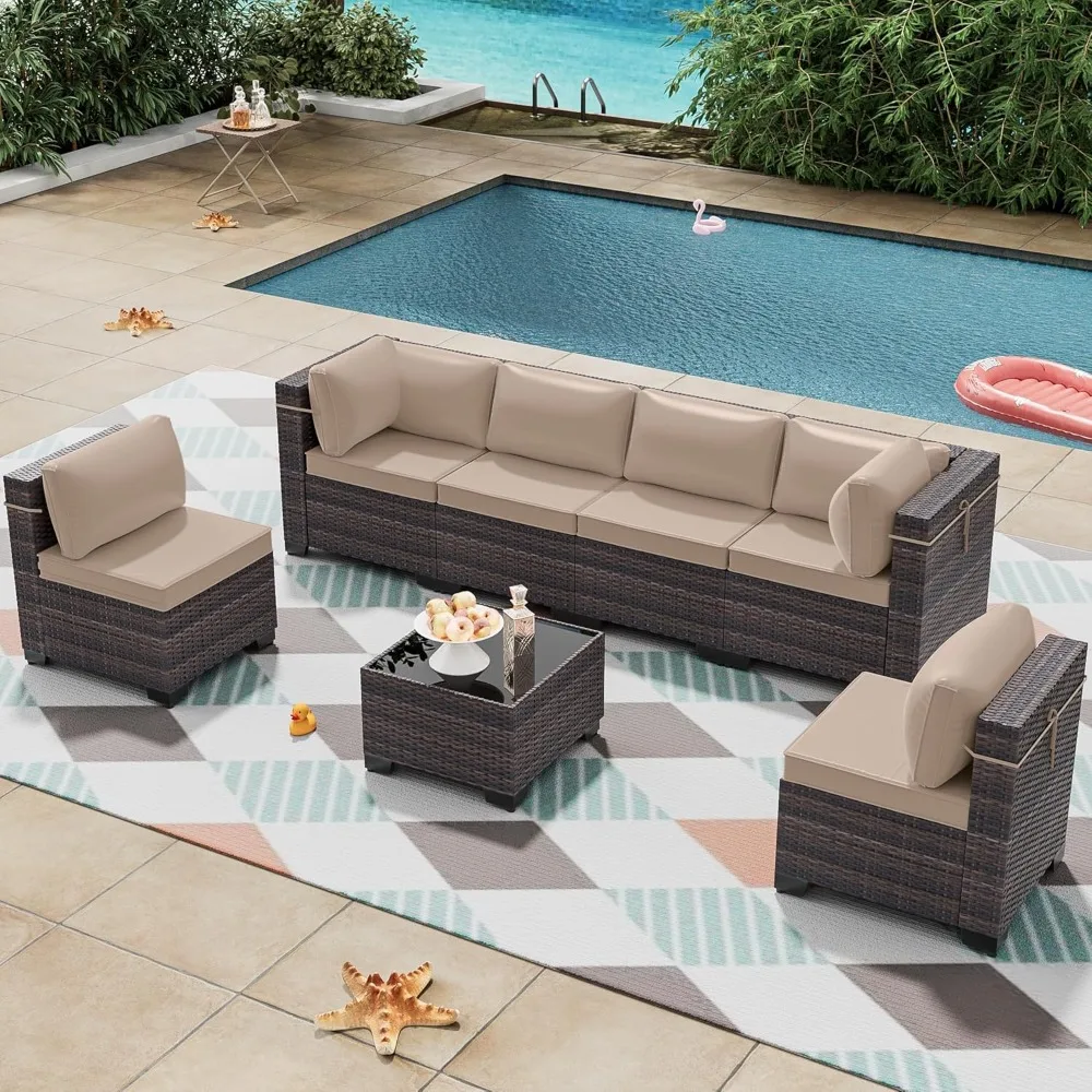 Outdoor Patio Furniture Set,7 Pieces Outdoor Furniture All Weather Patio Sectional Sofa PE Wicker Modular Sets with Coffee Table