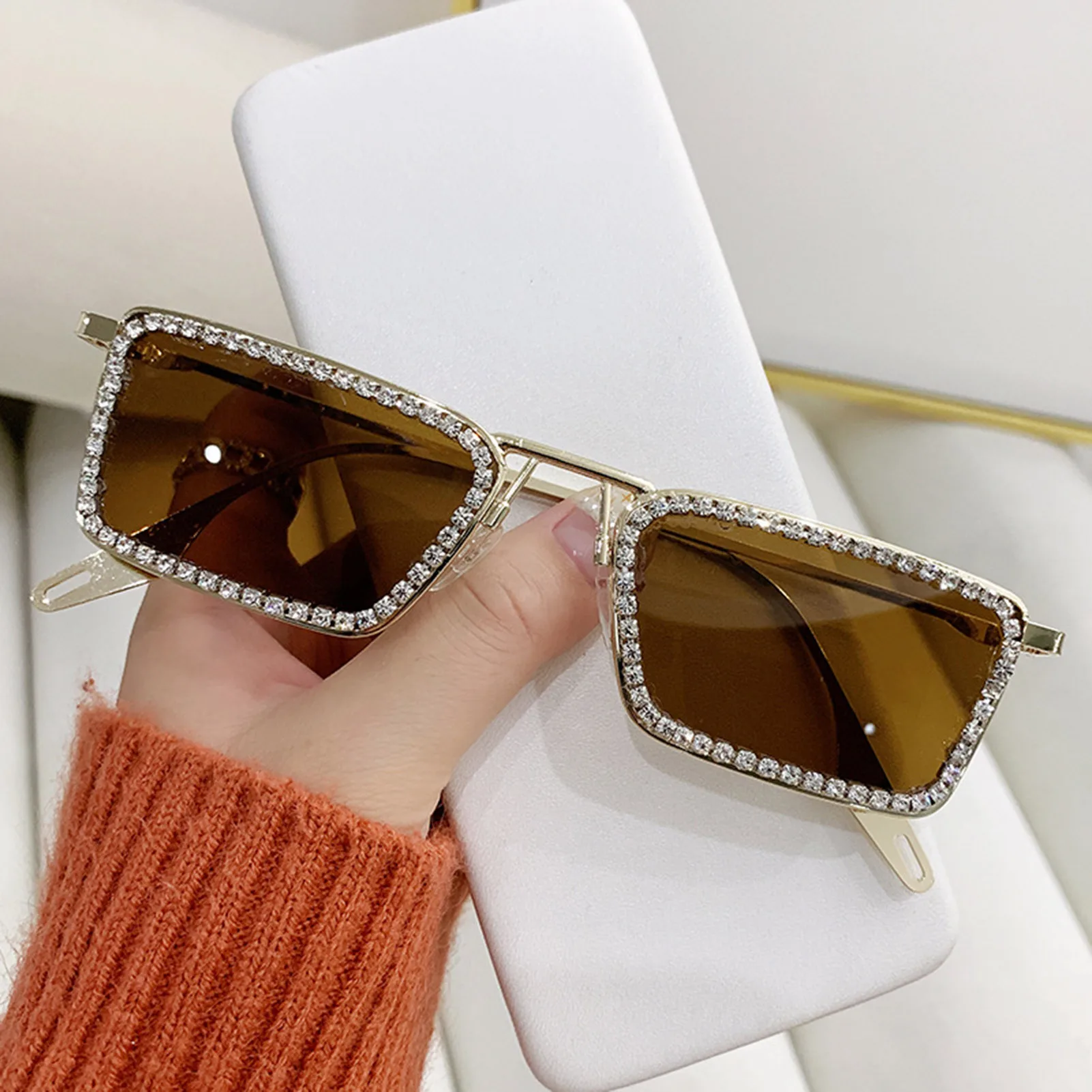 Square Sparkling Sunglasses UV400  Shining Rhinestones Shades Sun Glass for Outdoor & Party Dress