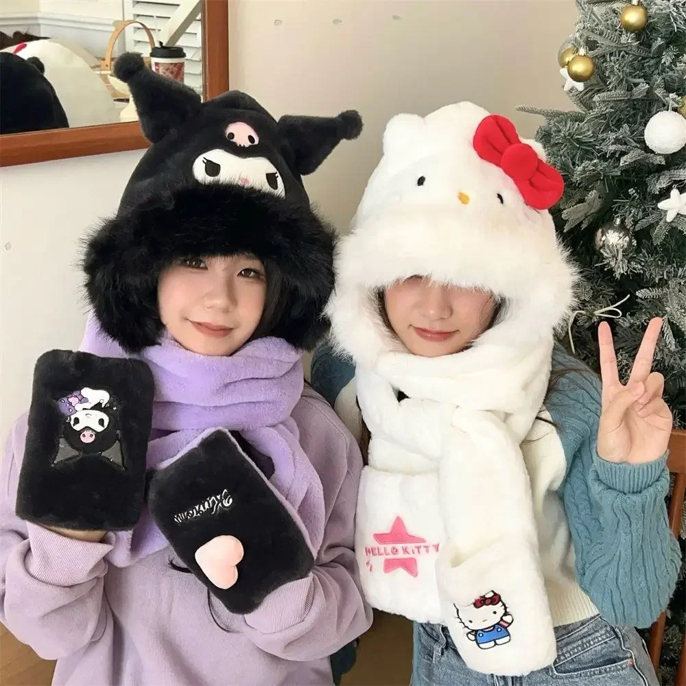 

Miniso Hello Kitty Hat Scarf 3-in-1 Kuromi Melody Anime Winter New Plush Embroidered Warm Plush Hat Student Christmas Gift