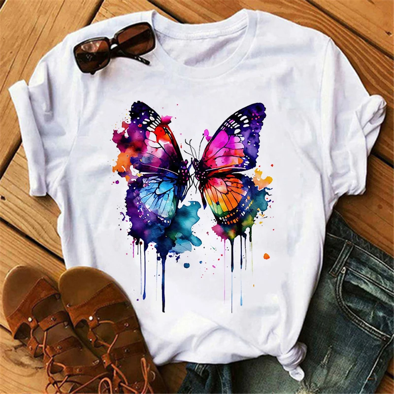 Women\'s Butterfly Tree Print Harajuku T-Shirt Round Neck Top Short Sleeve Casual Summer Tee Shirt