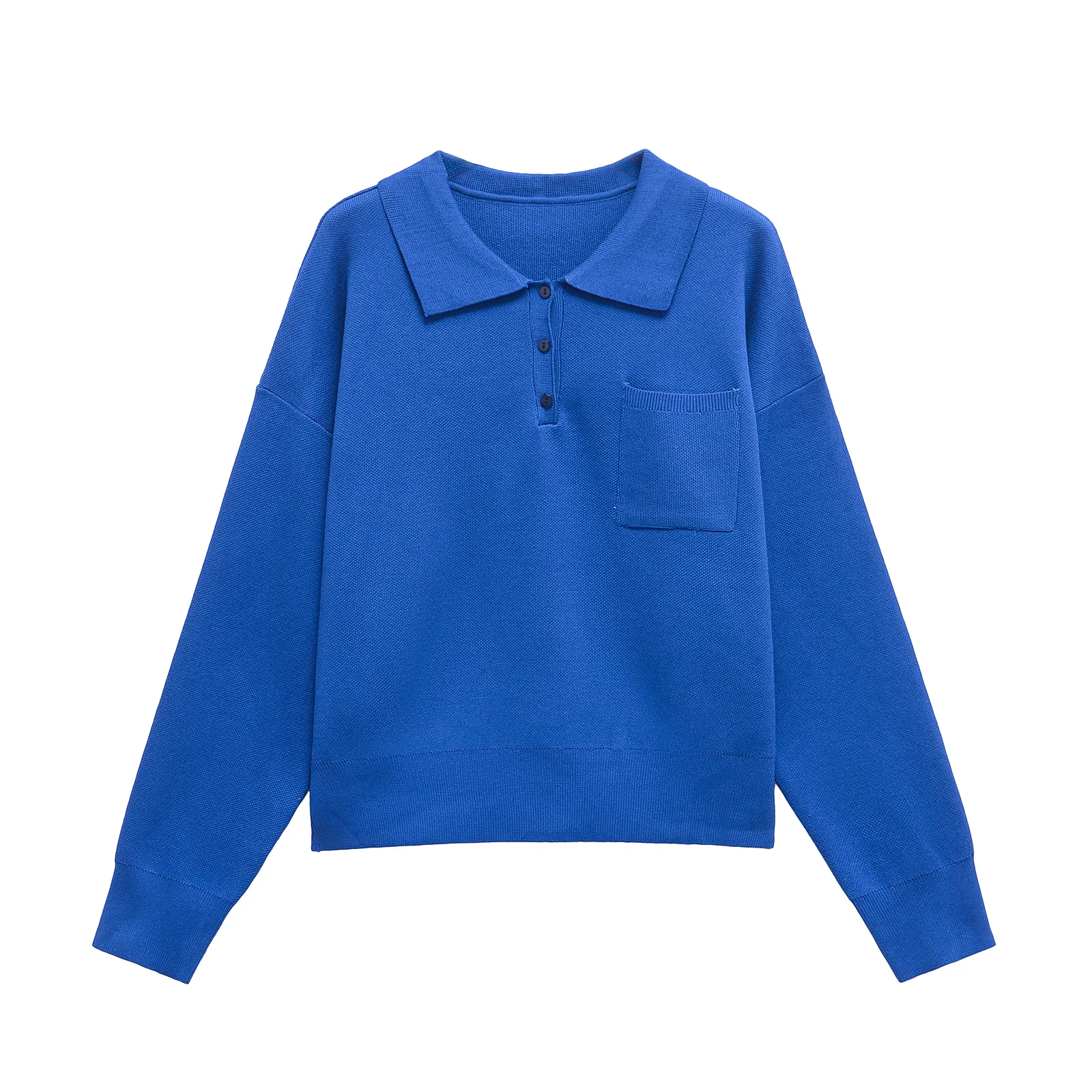 

Women Front Patch Pocket Basic Knit Women's Sweater Polo Collar Long Sleeve Female Pullovers Chic Tops Knitwear 5536008