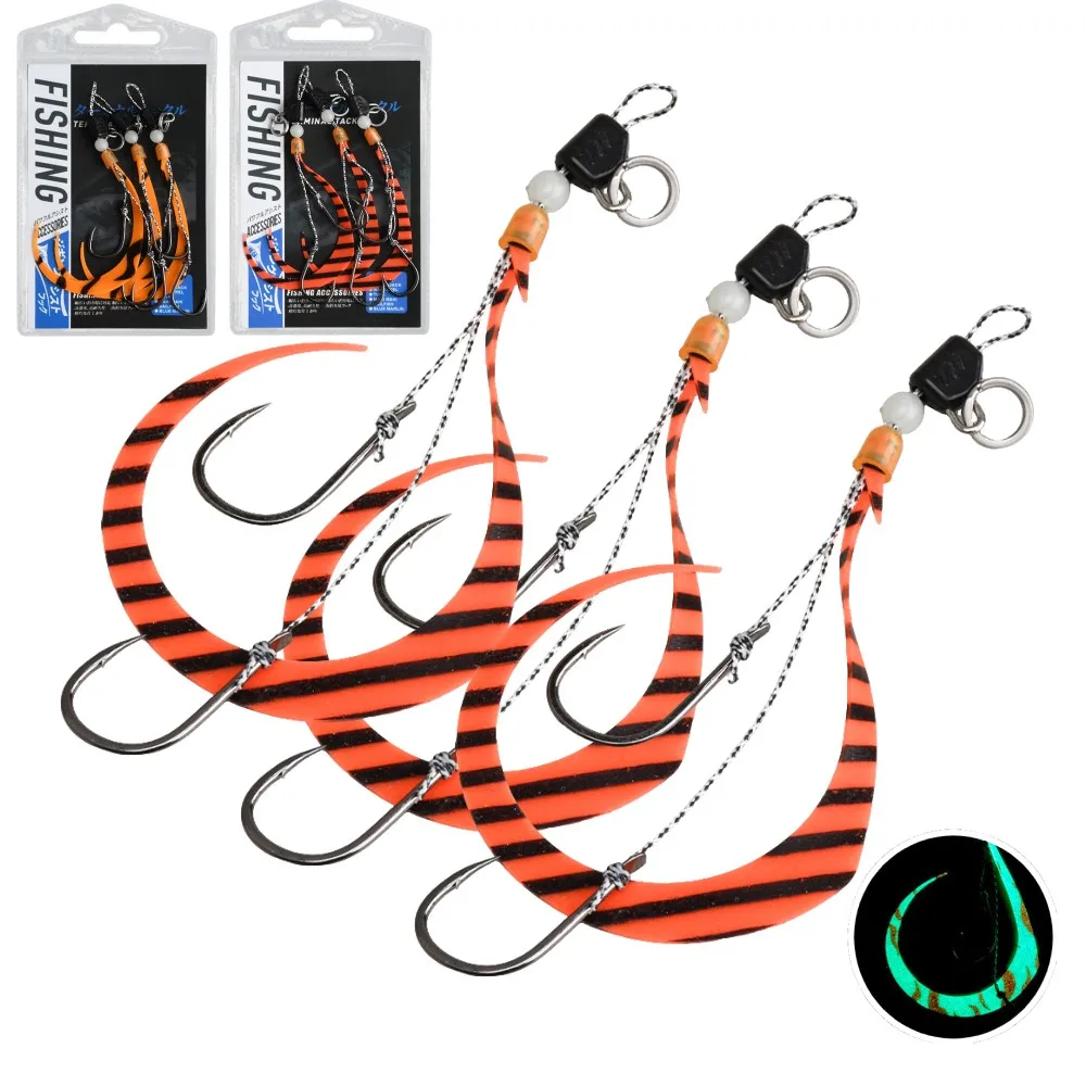 Hk053 3 pçs luminoso gabarito cabeça anzóis mar iscas de pesca isca artificial enfrentar saia de silicone ganchos de reposição encaracolado cauda gabarito iscas