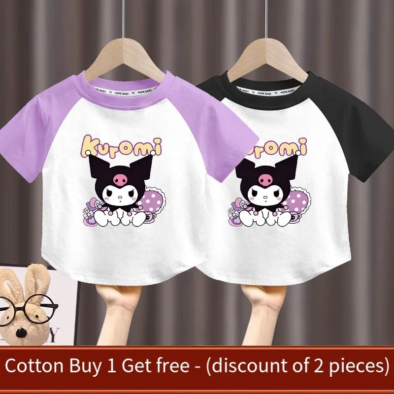 Camiseta de algodón de Anime Sanrios Kuromi para niños, camiseta de manga corta para niñas, Tops sueltos de media manga de dibujos animados, ropa informal para niños