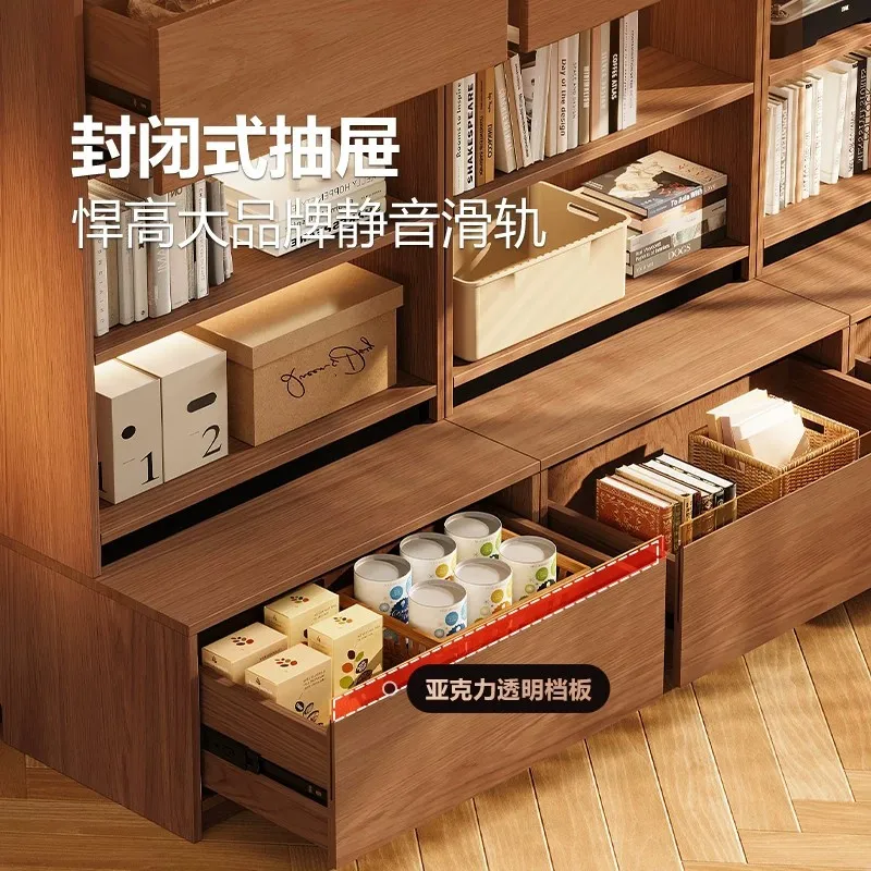 Solid wood oak full wall integrated bookcase medium antique card seat bookshelf combination with glass door display cabinet
