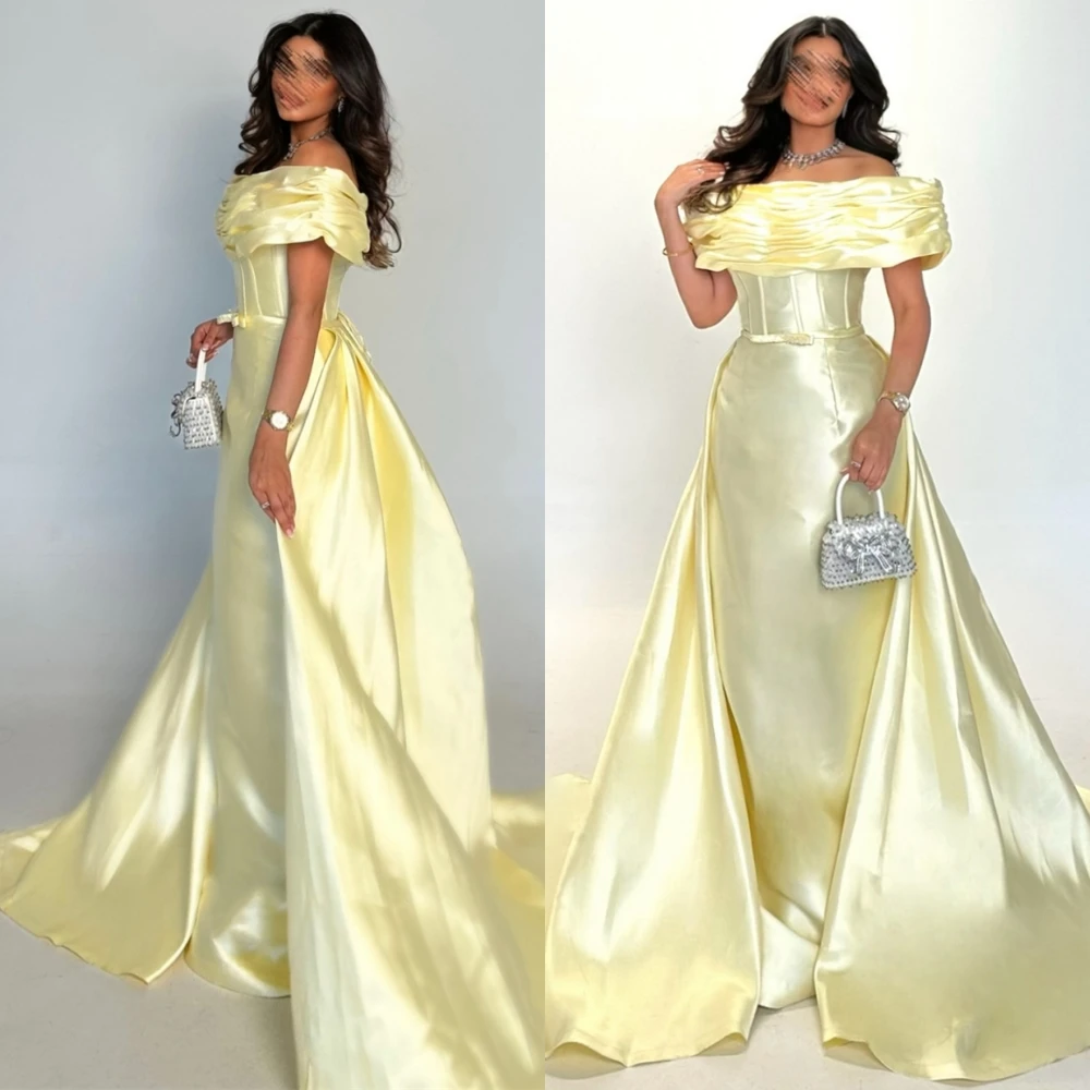 

Customized Luxury Satin Boat Neck Evening Dress Classic Court Train Homecoming Dresses High Quality Bespoke Occasion Gowns