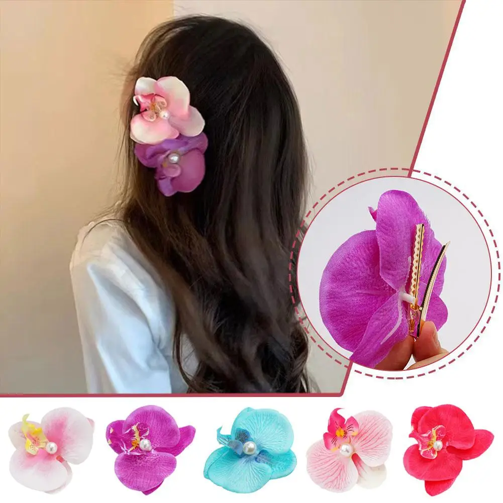 Sweet Phalaenopsis Flower Hairpin Korean Fashion Creative Cloth Floral Headdress Female Hair Accessories Pearl Hair Clip De J9J9