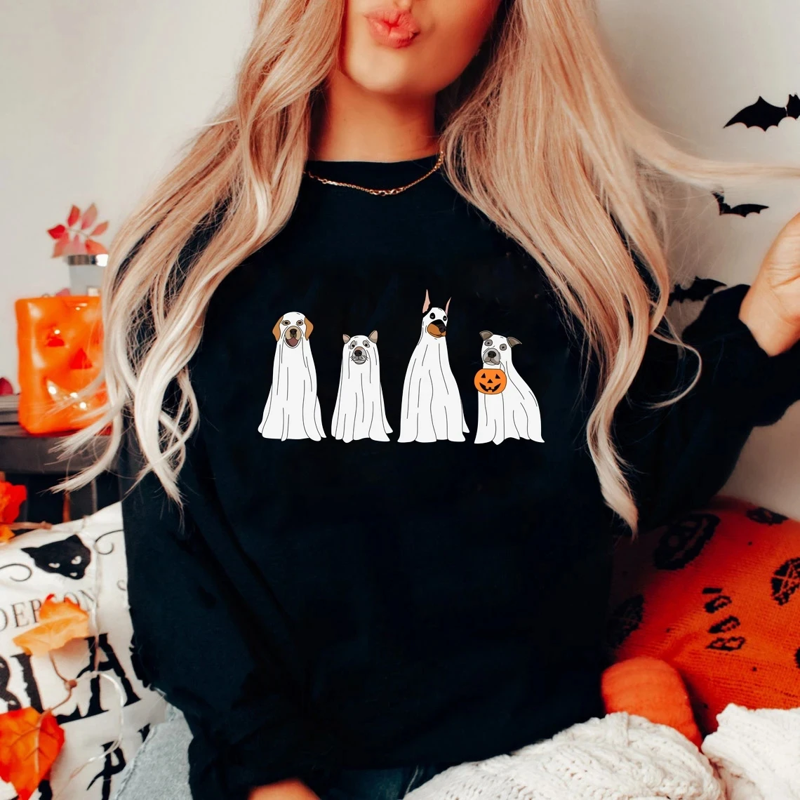 Colored Halloween Ghost Dog Sweatshirt Spooky Women Long Sleeve Jumper Halloween Pullovers