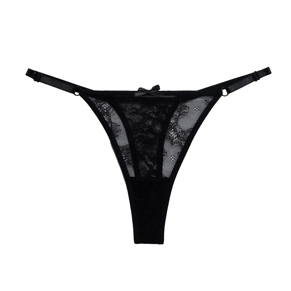 Ladies Sexy thongs Adjustable Belt Bowknot Lace Flower Pattern Embroidered Transparent Breathable Underwear