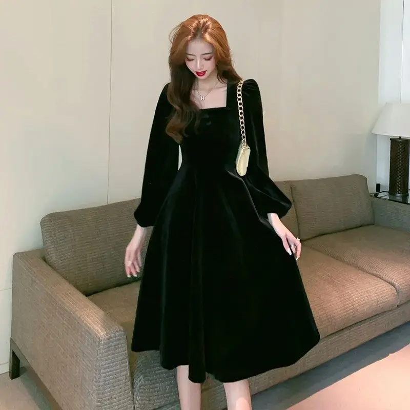 여성용 긴팔 드레스, 스퀘어 칼라, 우아한 프렌치 스타일, 시크한 블랙, 미적 벨벳, 이브닝, 가을, 겨울, 미디