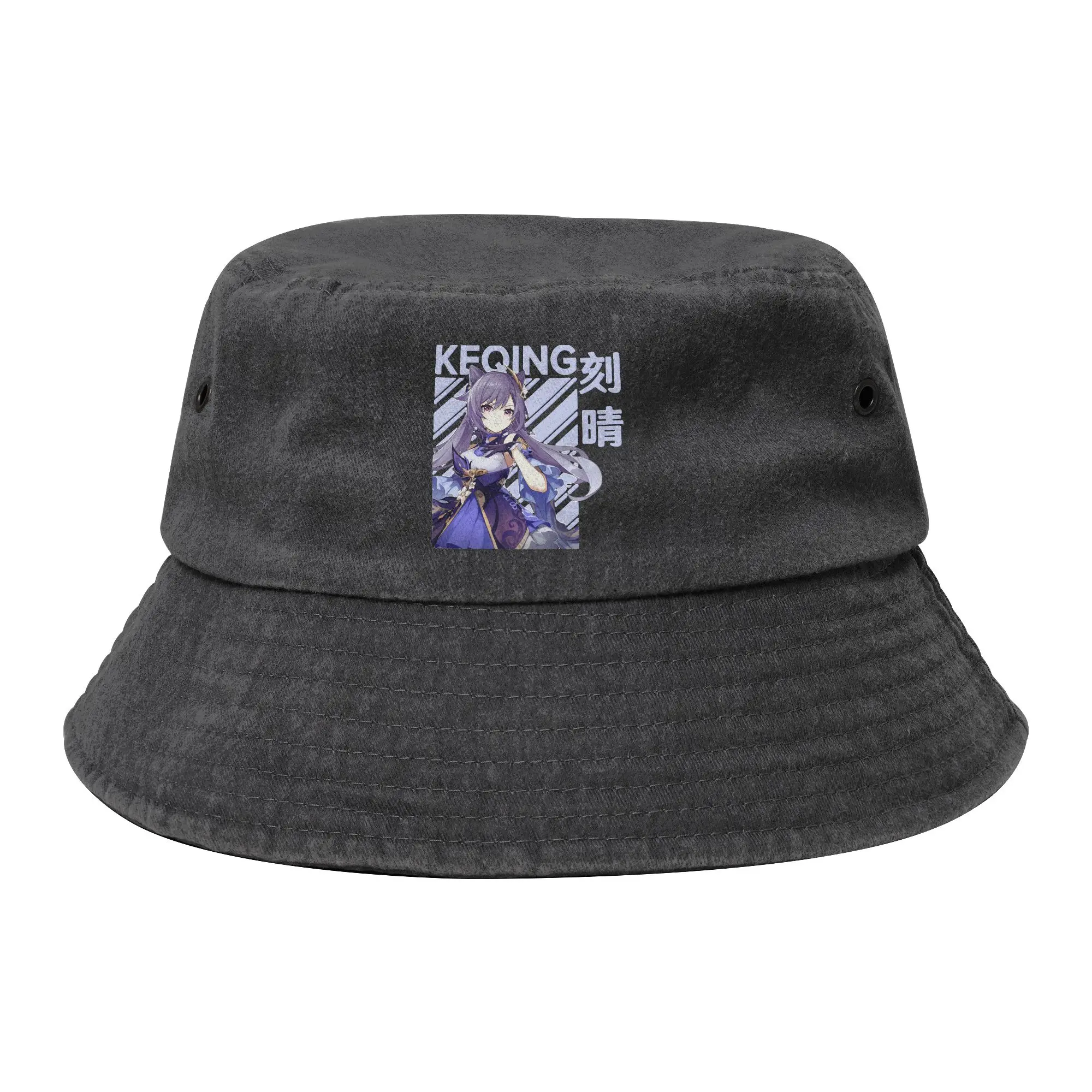 Unisex Distressed Washed Bucket Hat Keqing Genshin Impact Sport Fishing Cap Anime Game Bob Hat Gift Idea
