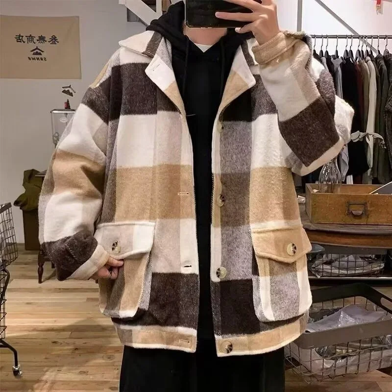 

Men's Lazy Sle Korean Faion Versatile Loose Plaid Woolen Jaet Top Spring Autumn Salt System Outerwear Busin Casual