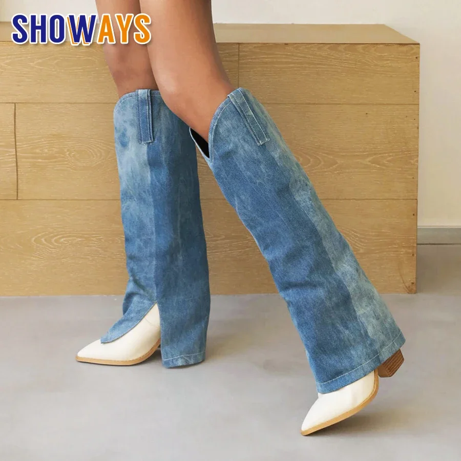 Moda Kobiety Denim Fold Over Long Boots Blue Jean Pants Pointed Toe High Wedge Heels Winter Plush Cowgirl Plush Knee High Boots