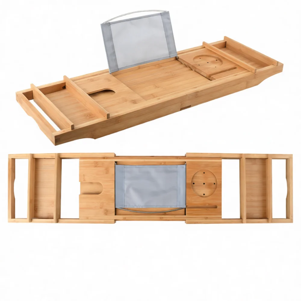 Bath Caddy Tray - ถาดอ่างอาบน้ำไม้ไผ่แบบปรับได้ ชั้นวางของในห้องน้ำ อุปกรณ์จัดเก็บของใช้ในบ้าน ชั้นวางของสำหรับอ่างสปาสุดหรู ที่วางหนังสือ