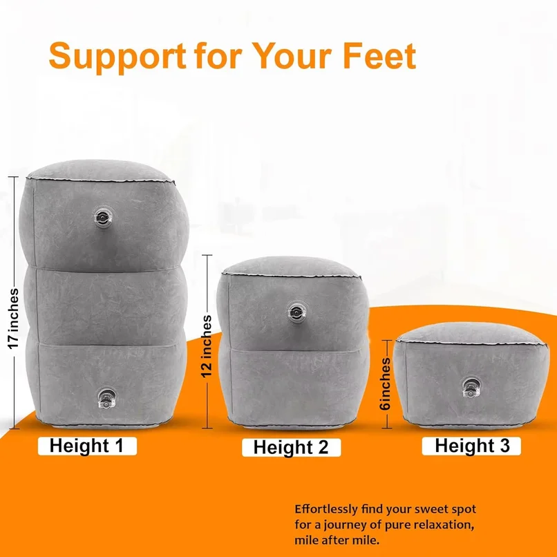 Message Inflatable Foot Rest Pillow with Pump, Adjustable 3-Layer Height for Travel, Airplane, Car, Train, Office