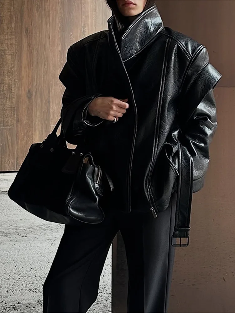 AW Fashion Solid Leather Jacket Women's Turtleneck Side Zipper Long Sleeve Belted Coat  Autumn New Lady High Street Outerwear
