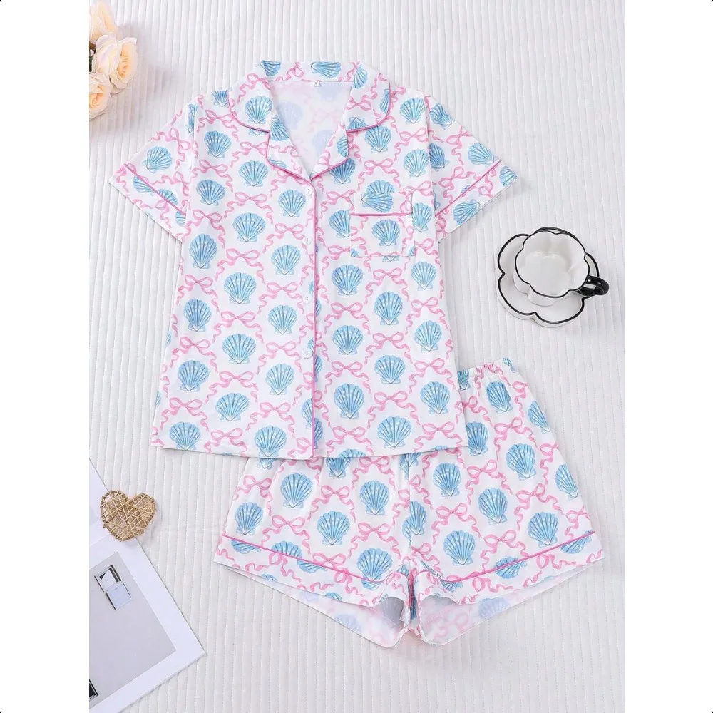 

Women Cute Ocean Shell Print Sleepwear Set, Collar Short Sleeve Top with Elastic Shorts, Casual Home Holiday Party Wear