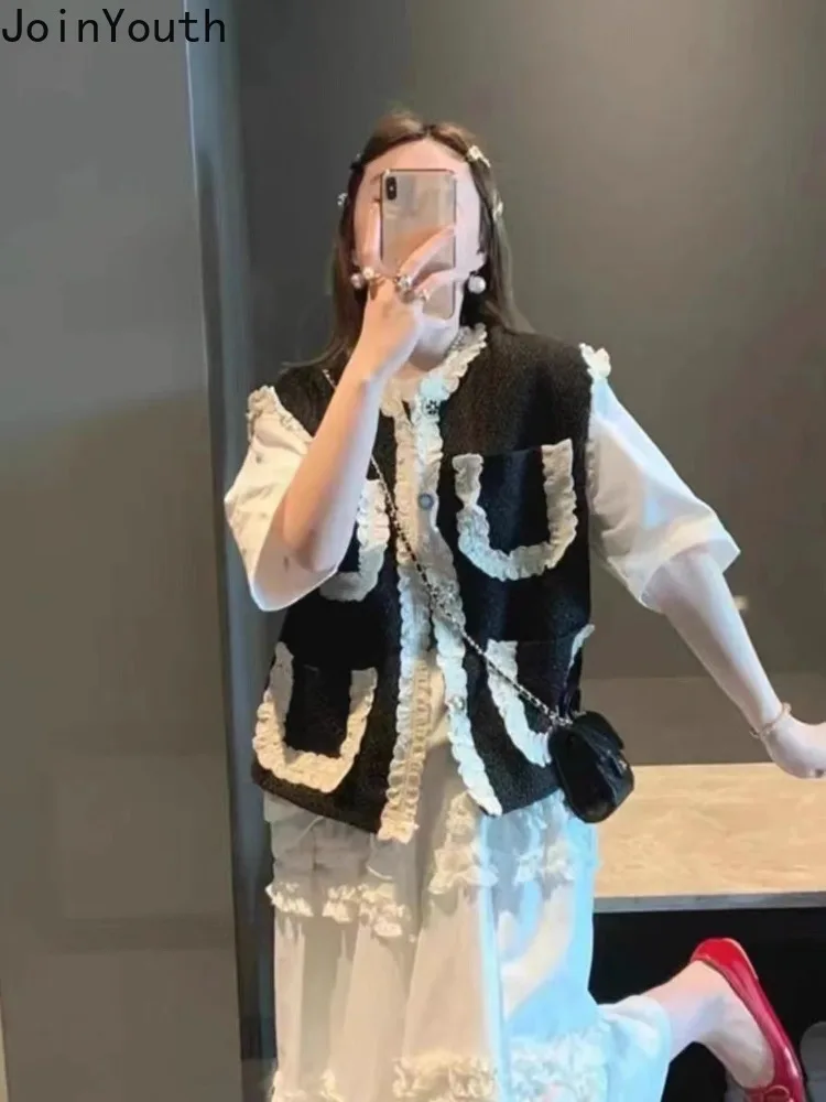 Korean Women Vest O-neck Sleeveless Single Breasted Vintage Outwear Y2k Tops Patchwork Lace Fashion Temperament Tanks Ropa Mujer