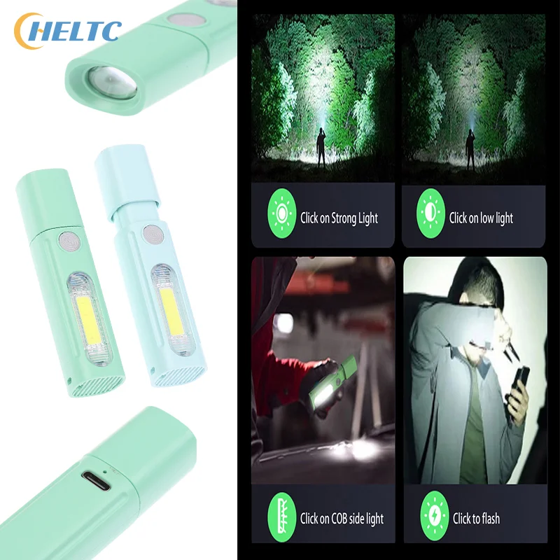 

1PCS Strong Bright LED Mini Flashlight With Side Light Torch Type-C Portable Telescopic Zoom Work Light Outdoor Camping Light