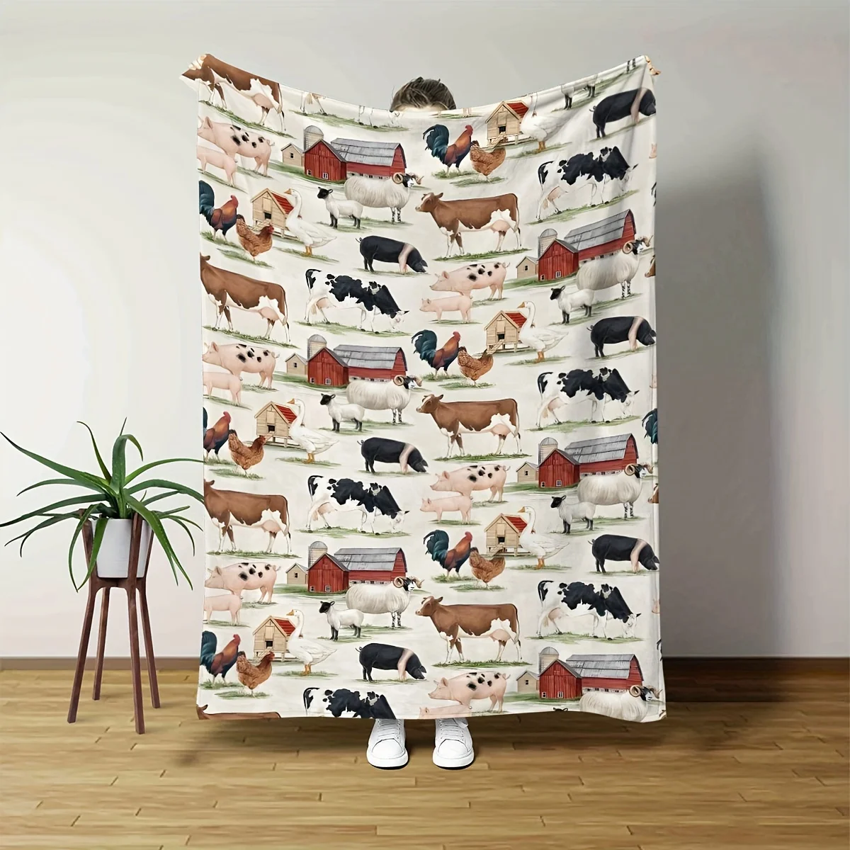 Niedliche Flanelldecke mit Bauernhoftier – weicher, rustikaler Plüschstil |   Vielseitig einsetzbar für Zuhause/Büro/Camping/Sofa/Bett |   Dekor & Geschenk