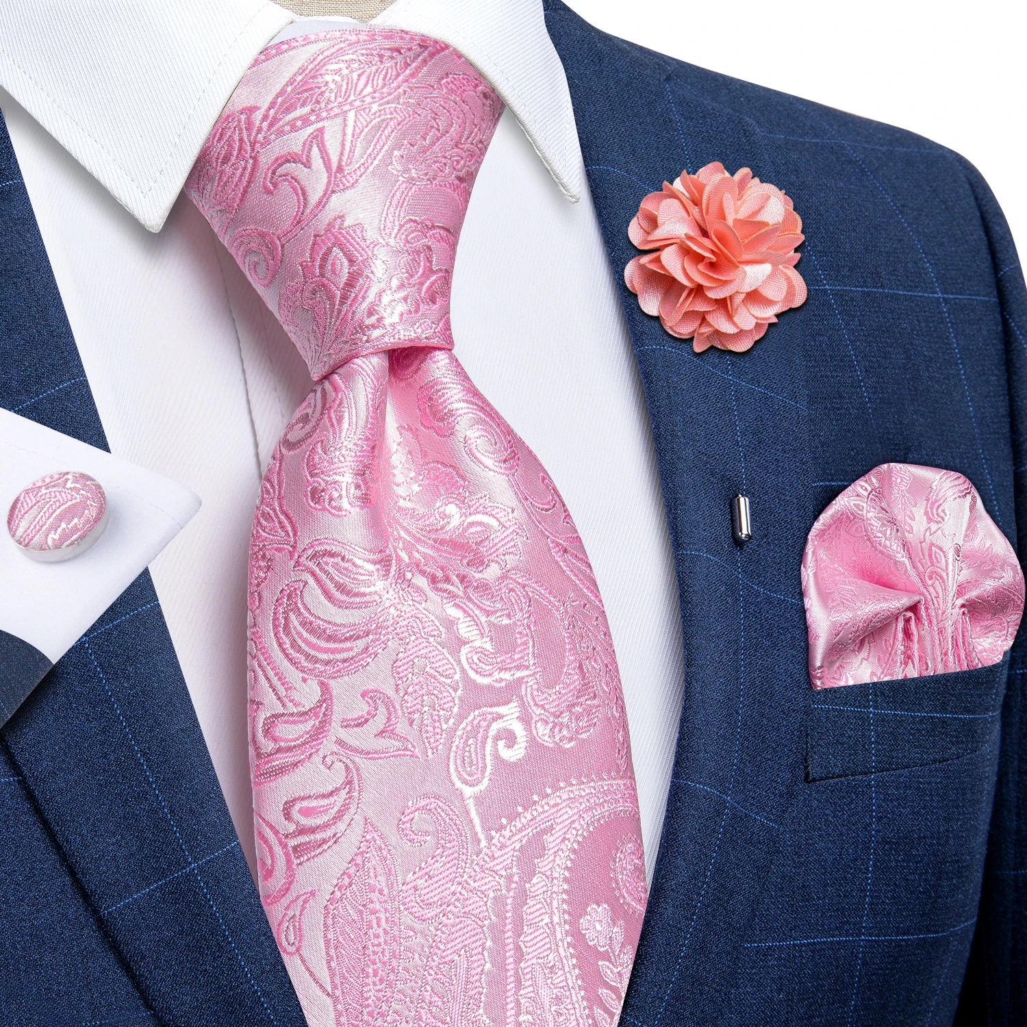 

2022 Fashion Pink Paisley Solid Men's Tie Set Pocket Square Cufflinks Wedding Party Accessories Silk Necktie Lapel Dropshipping