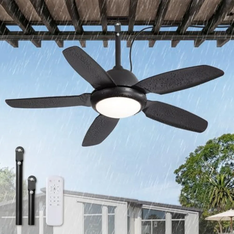 

Outdoor ceiling fan for patios, pergolas, and porches; black ABS plastic; black; IP65 waterproof rating, 3CCT lights, 6-speed D