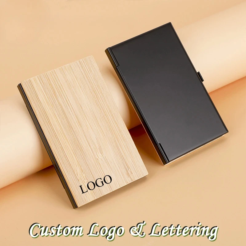 Custom Logo Wood Stainless Steel Metal Electroplated Business Card Case Holder Mahogany Business Gift Wholesale