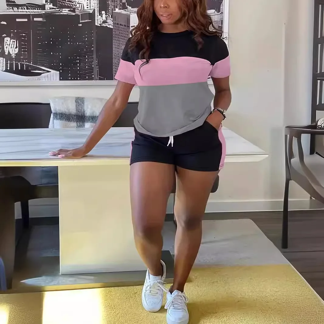 

Women's Clothing 2025 Summer New Round Neck Pullover Color Matching Fashion Loose Short-sleeved Shorts Two-piece Suit