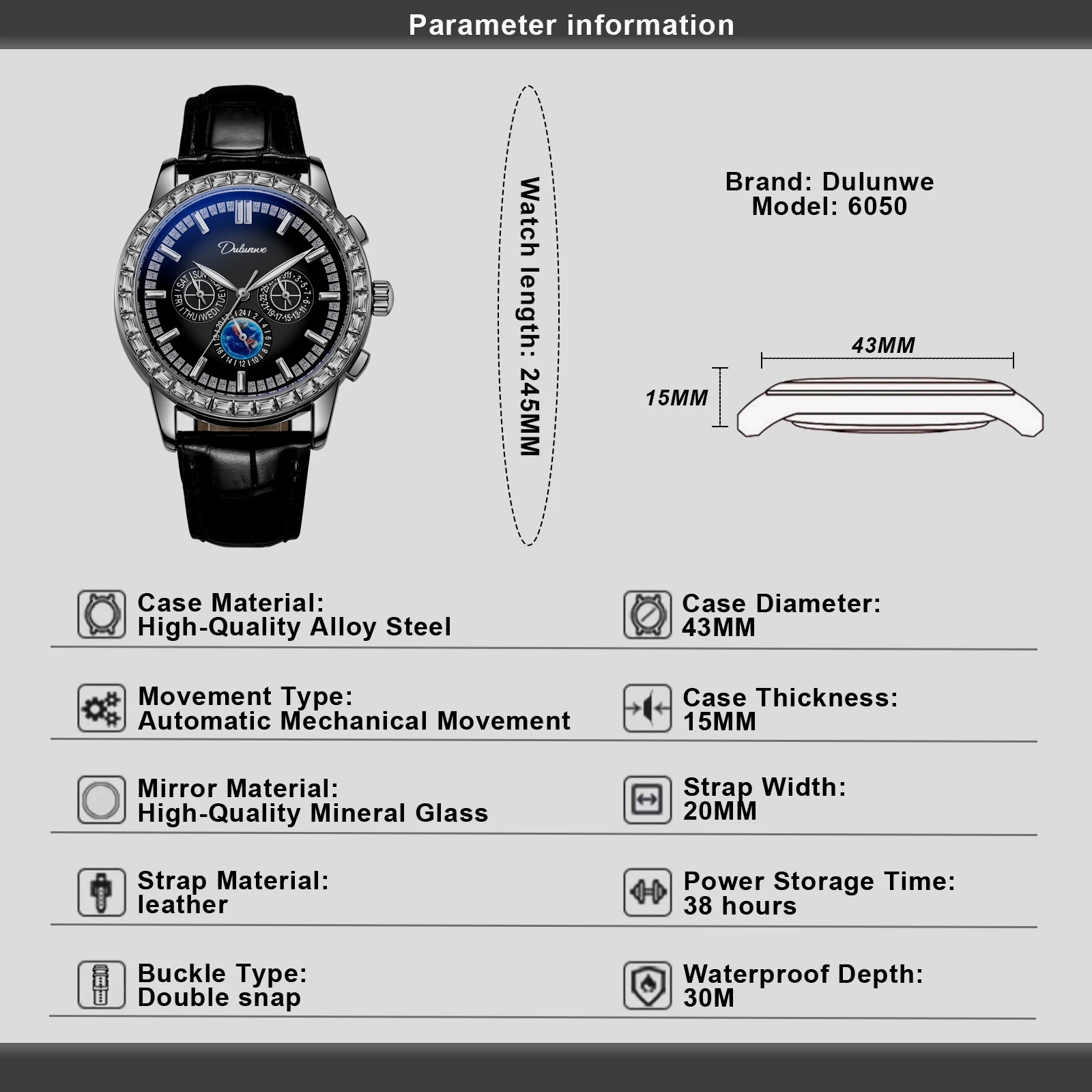 Dulunwe ساعة ميكانيكية مستديرة فاخرة التقويم أسبوع 24 ساعة نظام مضيئة مؤشر مقاوم للماء ساعة رجالي Montre Homme Reloj