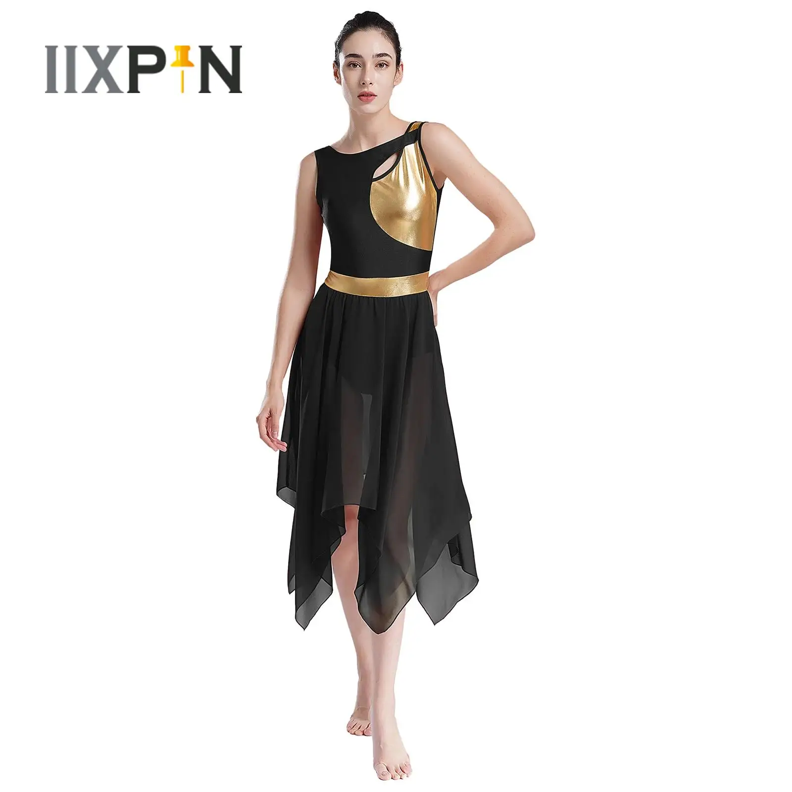 

Womens Praise Liturgic Dancewear Lyrical Dance Dress Sleeveless Metallic Contrast Color Asymmetrical Hem Ballet Dance Costume