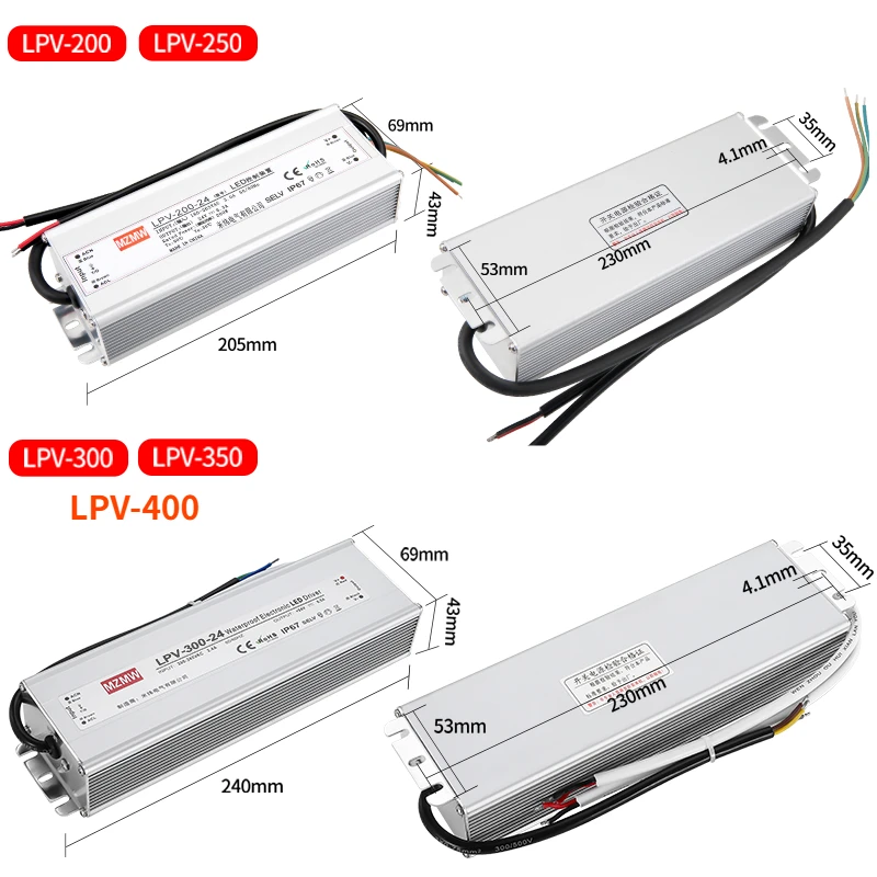 Alimentatore Switching impermeabile IP67 LPV 200W 250W 300W 350W 400W AC/DC 12V 24V 36V 48V Driver LED a tensione costante CCCV SMPS