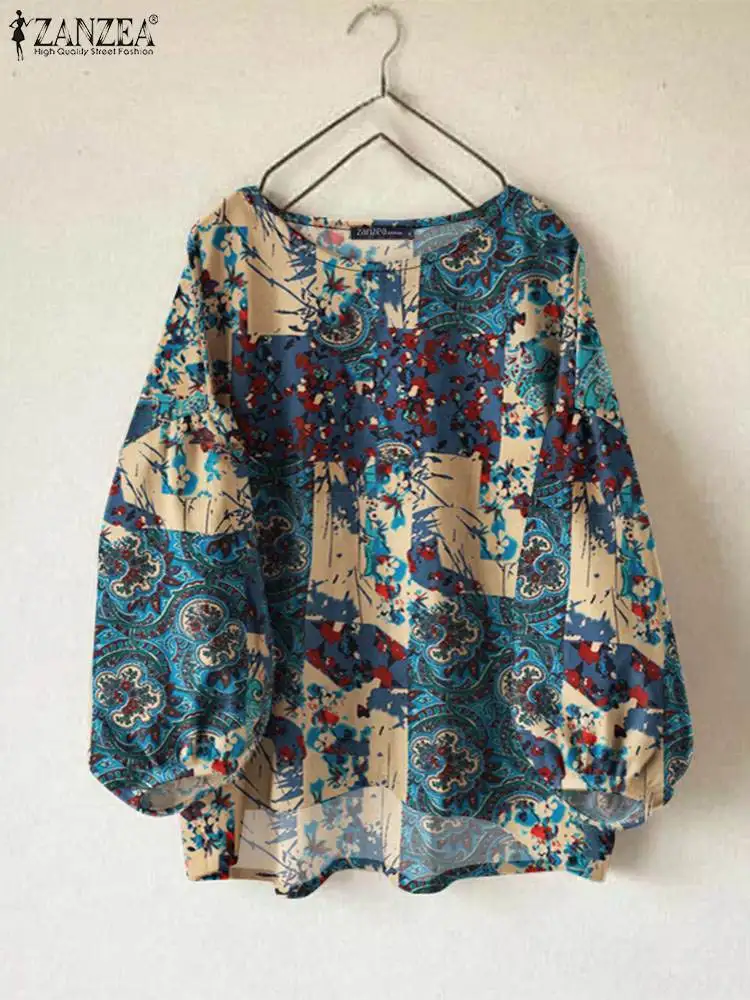 Jesienne topy damskie 2024 ZANZEA Bohemain Koszula z długim rękawem i kwiatowym nadrukiem Casual Loose O Neck Blusas Vintage Work Blouse Oversize