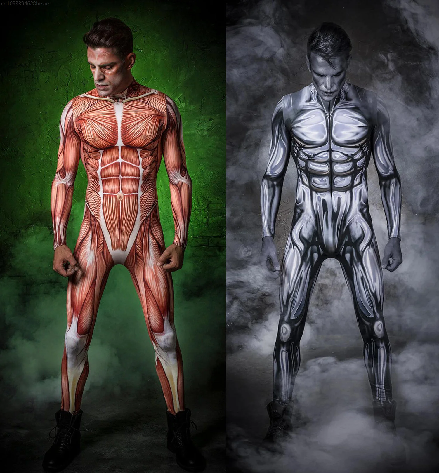 

Men Women Skeleton Muscle Cosplay Cyber Armor Punk Jumpsuits Printing Zentai Bodysuit Costume Halloween Party Performance Suit