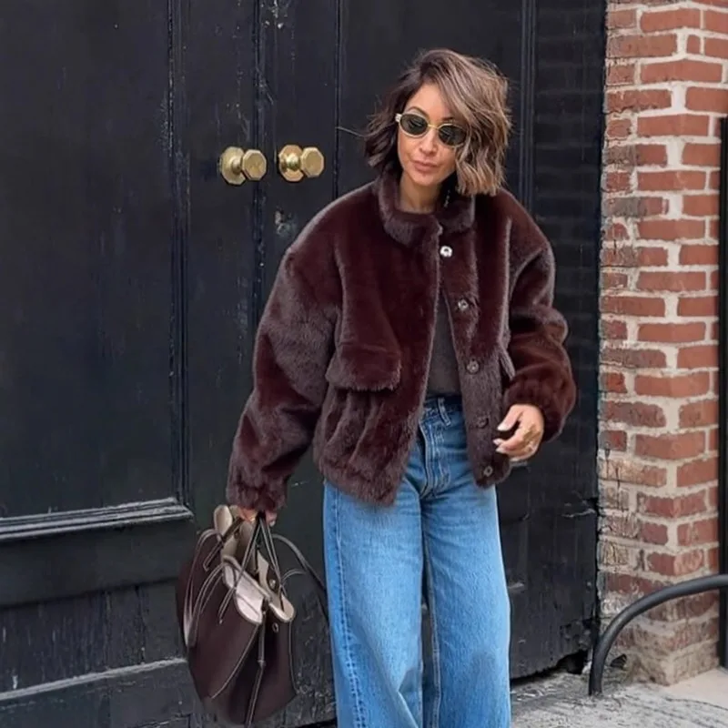 Effen Dames Chic Nepbont Korte Jas Casual Single Breasted Opstaande Kraag Losse Warme Jassen Dame Winter Dagelijks High Street Jas