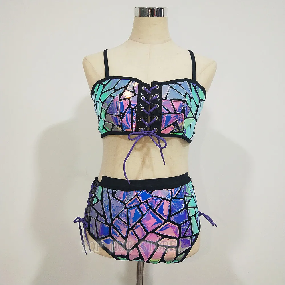 

Сексуальное фиолетовое бикини с лазерными блестками, вечерние костюмы для рейва, ночной клуб, бар, диджей, сценическая одежда, комплект певицы, танцовщицы, костюм для танцев на пилоне