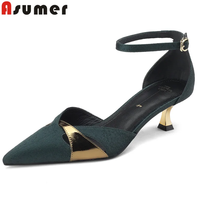 

ASUMER 2024 New Mixed Colors Genuine Leather Sandals Woman Thin Med Heels Sandals Elegant Ladies Dress Summer Shoes