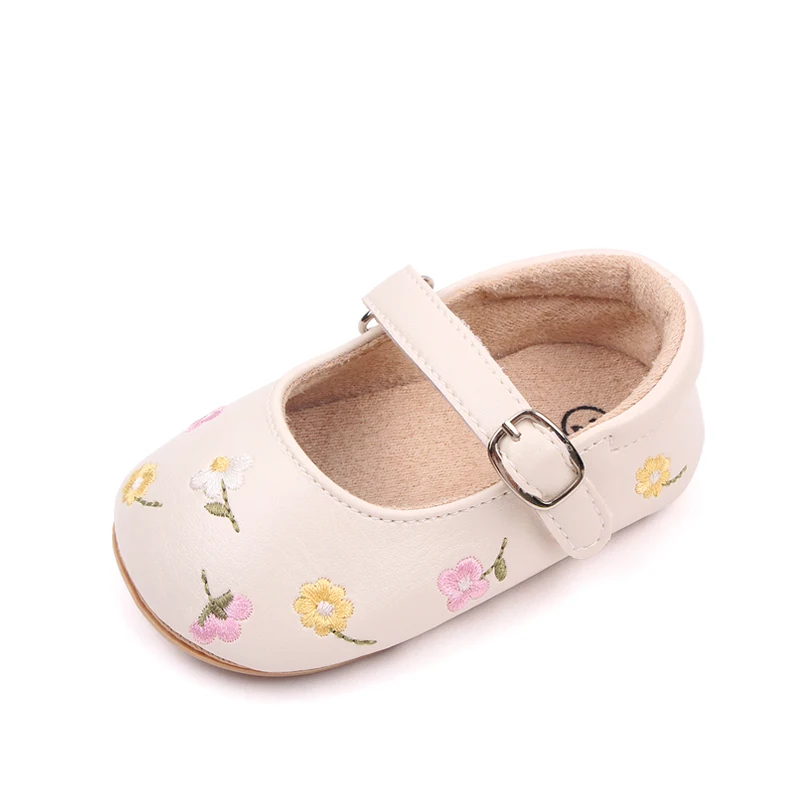 Baby Girls Mary Jane Flats PU Leather Infant Dress Shoes Floral Embroidery Princess Shoes