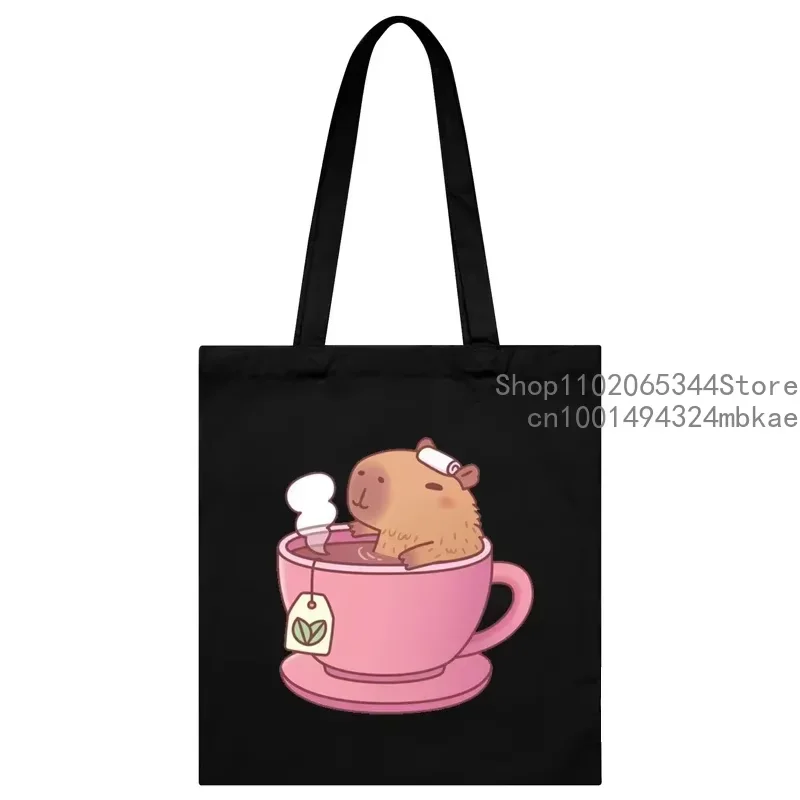 Cute Capybara Brewing Tea Canvas Bag Women Shopper Handbags Environmental Storage Reusable Cartoon Capybara Shoulder Hand Bag