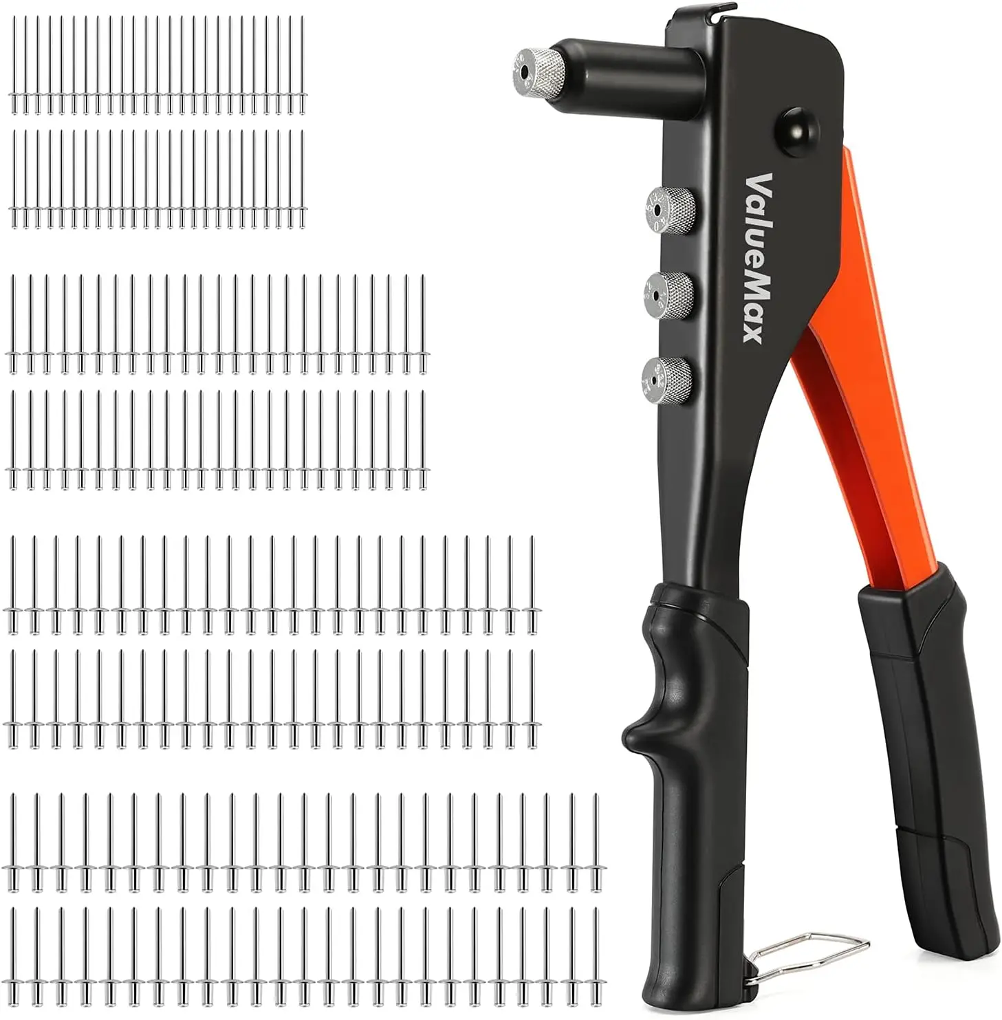 

4-in-1 Hand Riveter Kit with 200 Rivets, 3/32-3/16 Inch, Interchangeable Nosepieces for Metal