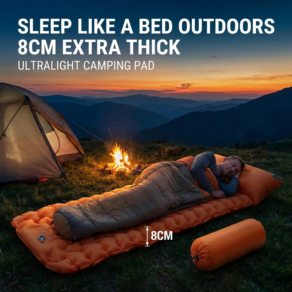 Matelas de camping gonflable ultraléger avec pompe à pied, épaisseur 8 cm, oreiller intégré, tapis imperméable pour la randonnée et le camping