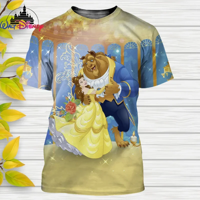 2024 Summer Disney Beauty And The Beast Princess 3D Print T-shirt Summer Girl Clothing Children Street Tops