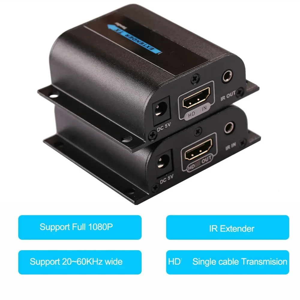 1080p 60m HDMI Extender Via Cat6 Cat7 Rj45 Ethernet Cable Video Converter Transmitter and Receiver for Camera Laptop PC to TV