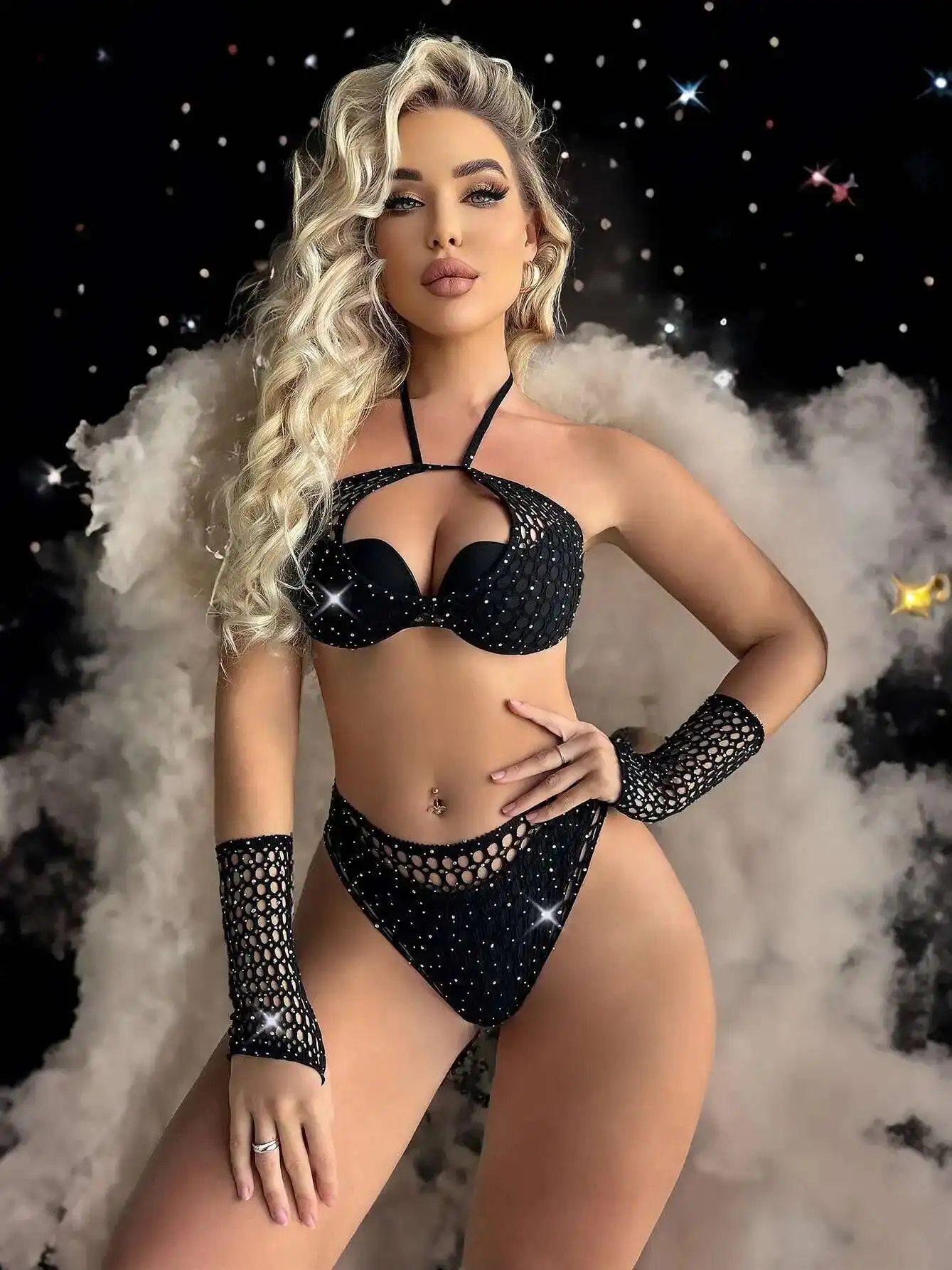 Sexy pietre d'acqua scintillanti bikini stile europeo alla moda senza schienale profondo scollo a V appeso bikini senza maniche affascinante casual 01MN