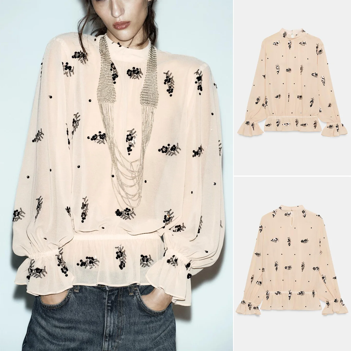 خريف شتاء جديد وصول المرأة حصيرة Sle الوقوف طوق طويل Sve مطاطا هيم حبة شبه شفافة irt عادية Lo... #1