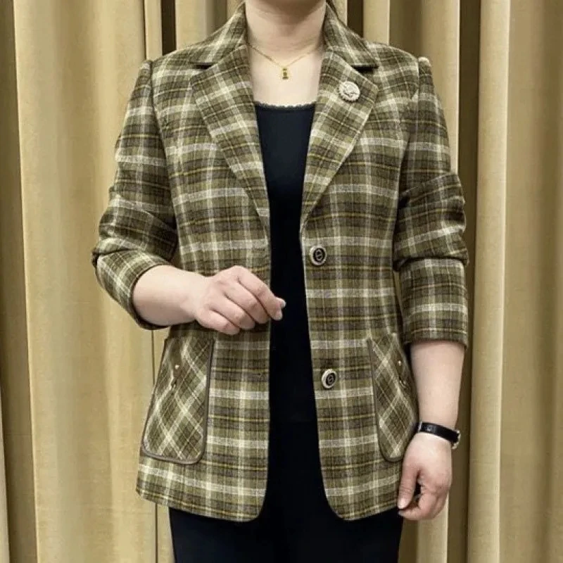 Blazer à carreaux à manches longues pour femmes, vestes décontractées pour femmes, haut court imbibé, mode coréenne, qualité supérieure, automne, nouveau, 5XL, 2023