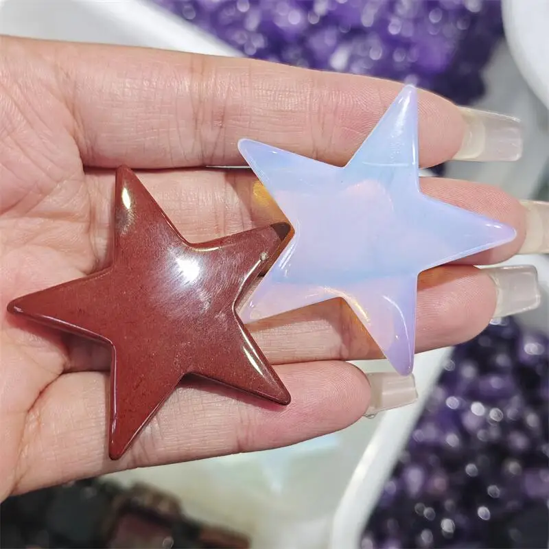 Natural Crystal Quartz Red Jasper Opalite Star Carving Energy Gem Reiki Healing Home Decoration Holiday Gift Collection 1pcs